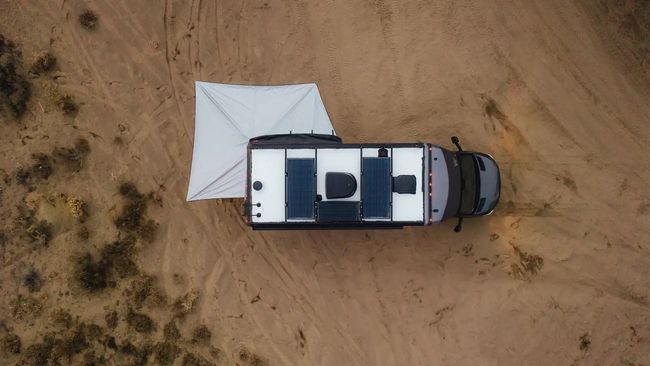 Aerial view of solar panels on an RV