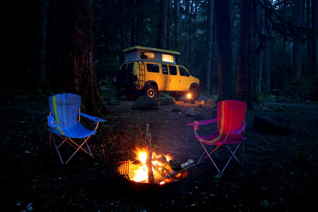 Fire pit with a camper van in the background