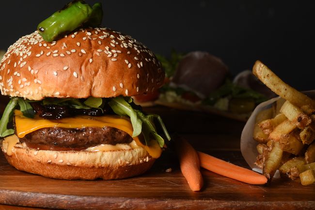 Close-up of a burger and fries