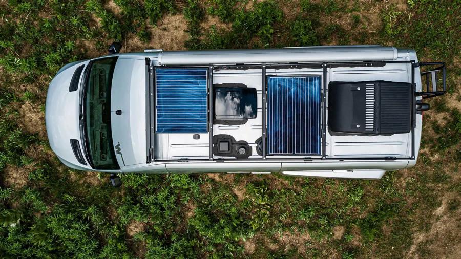 Overhead view of a Class B RV with solar panels installed on the top