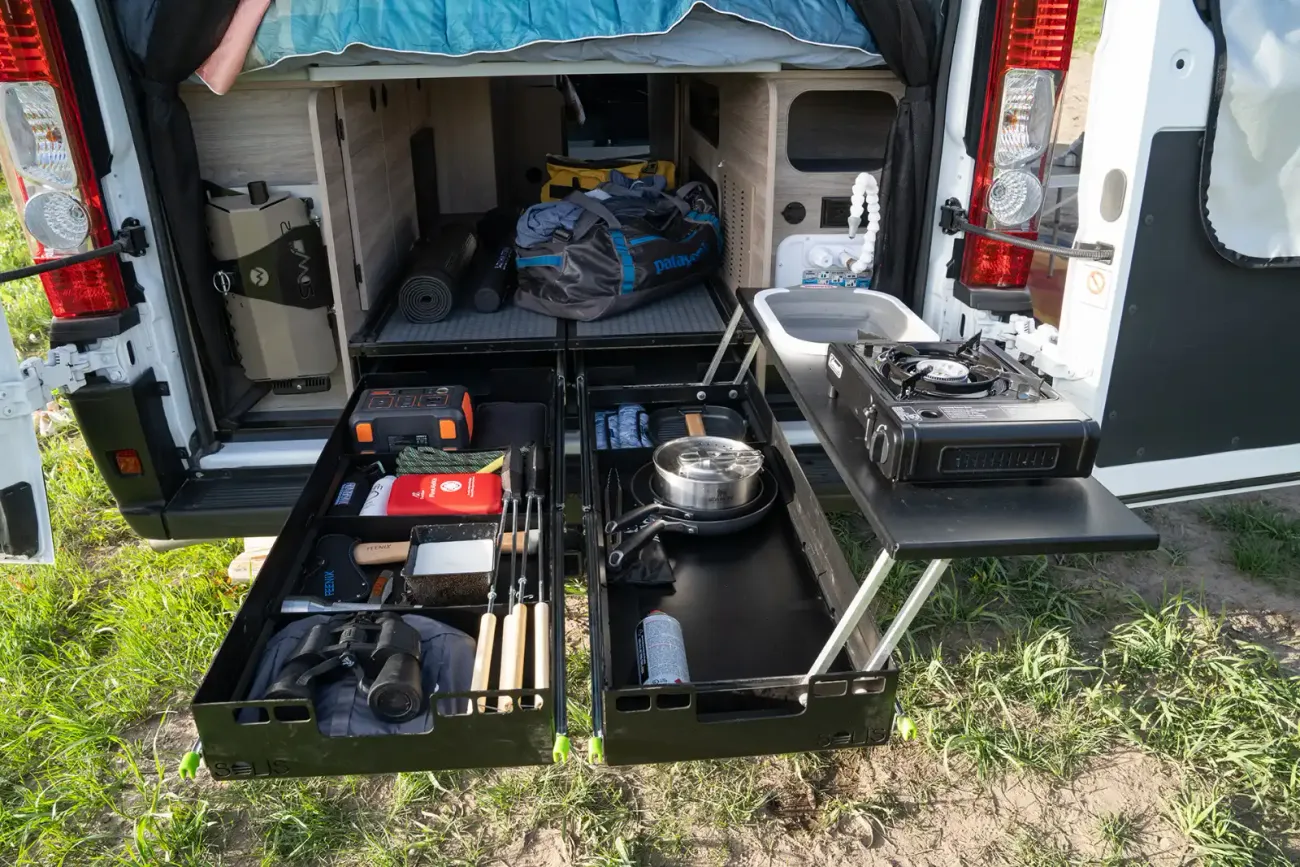 Cooking equipment on a storage tray of a popular RV model