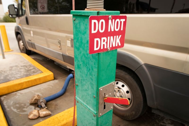 "DO NOT DRINK" sign outside of an RV showing septic hookup