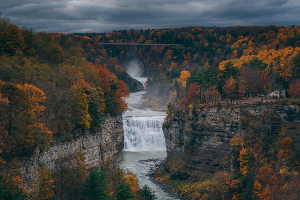 Autumn view of the Genesee River and Middle Falls from Inspiration Point, in Letchworth State Park, New York