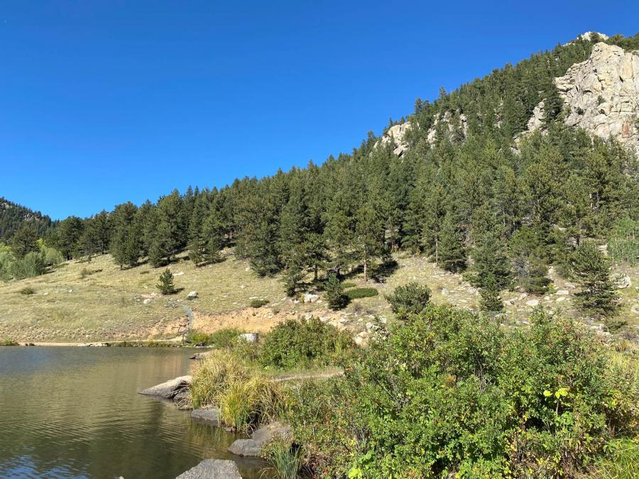 Mountainside covered in pine trees coming up to a body of water in Golden Gate Canyon State Park, CO
