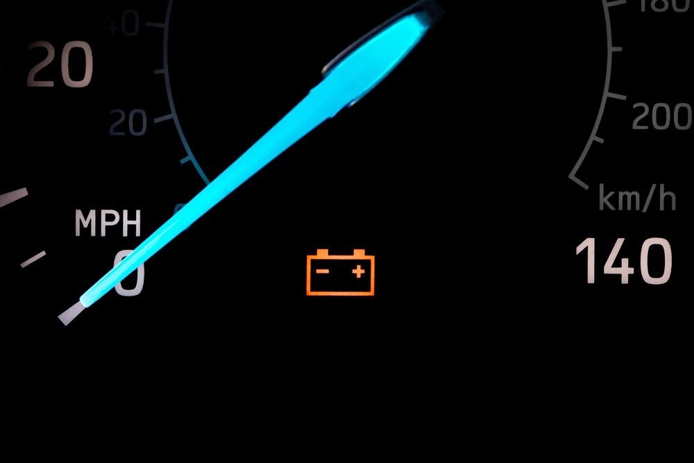 Close up of odometer with battery light on