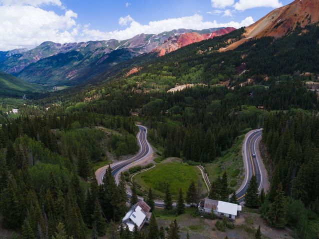 Aerial view of the Million Dollar highway near Ouray, Colorado