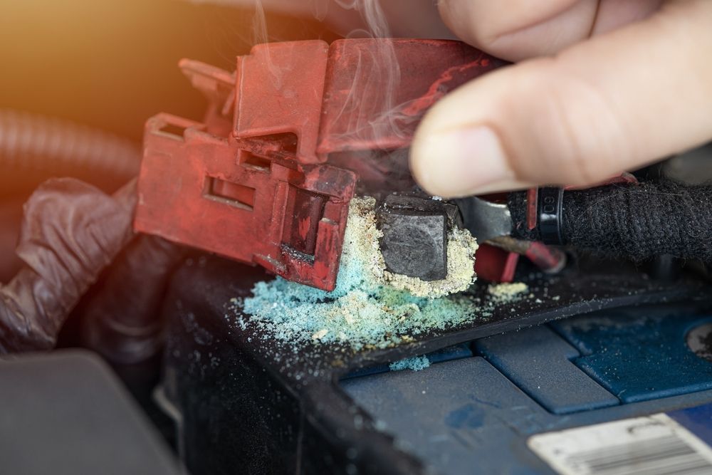 Close up of powder on a battery terminal