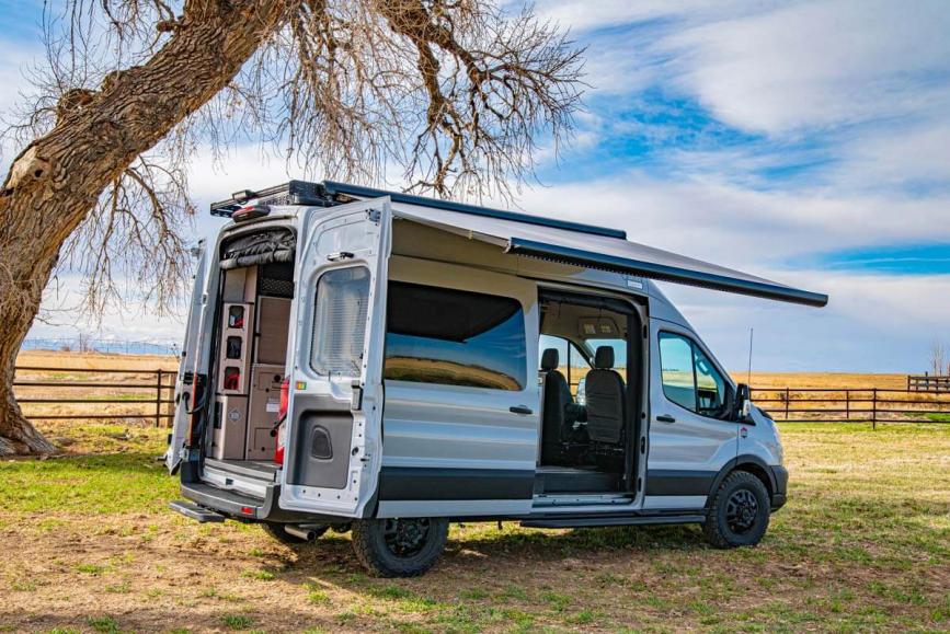 Exterior shot of an awning extended on a 2022 Antero Kakadu RV