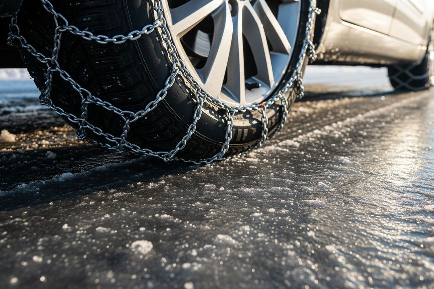 Car tire with chains on an icy road
