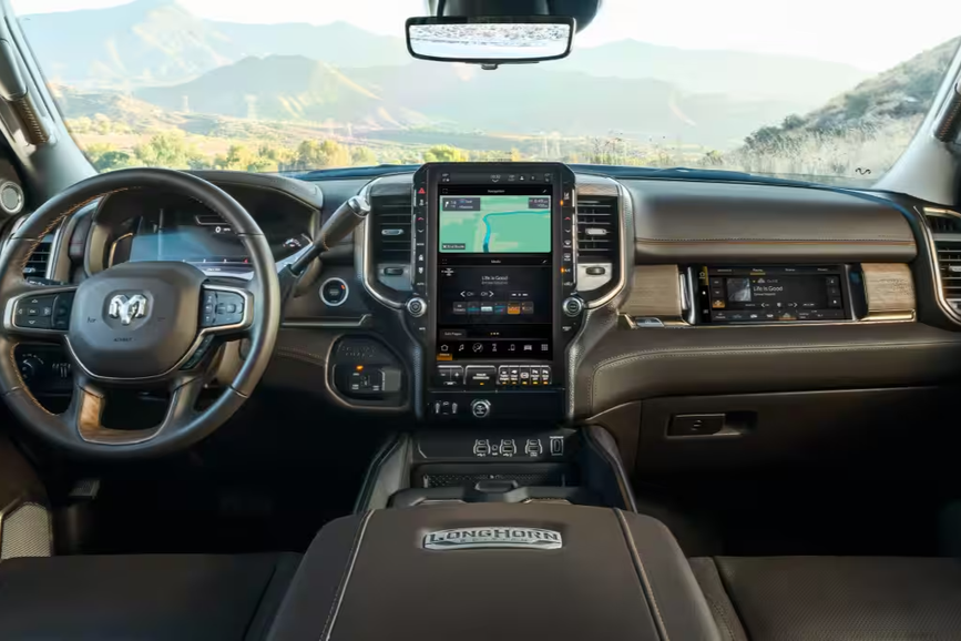 Interior features of the 2026 Ram 3500 pickup truck.