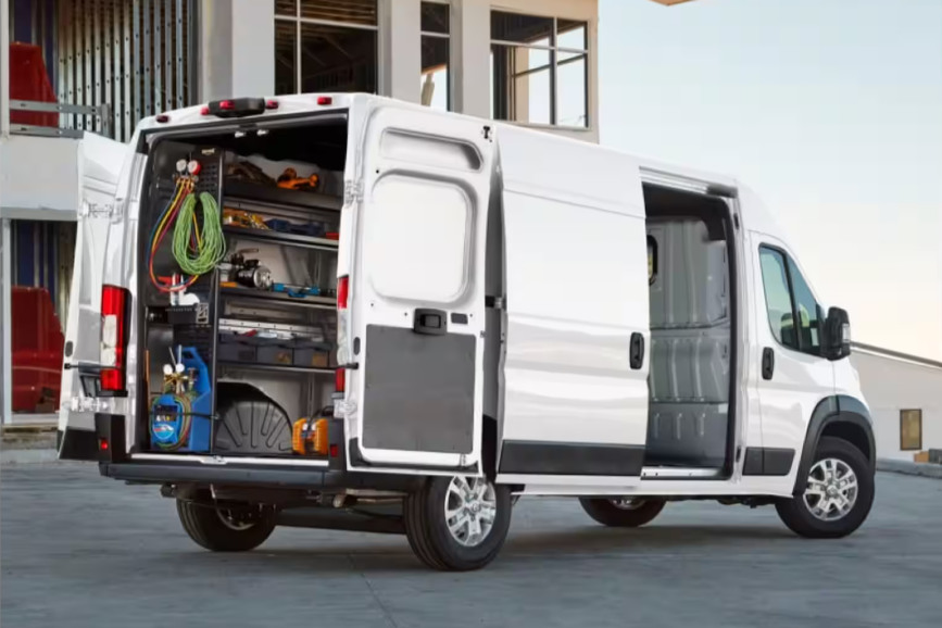 2026 RAM ProMaster Tradesman Extended Cargo Van with rear doors open showing large cargo area