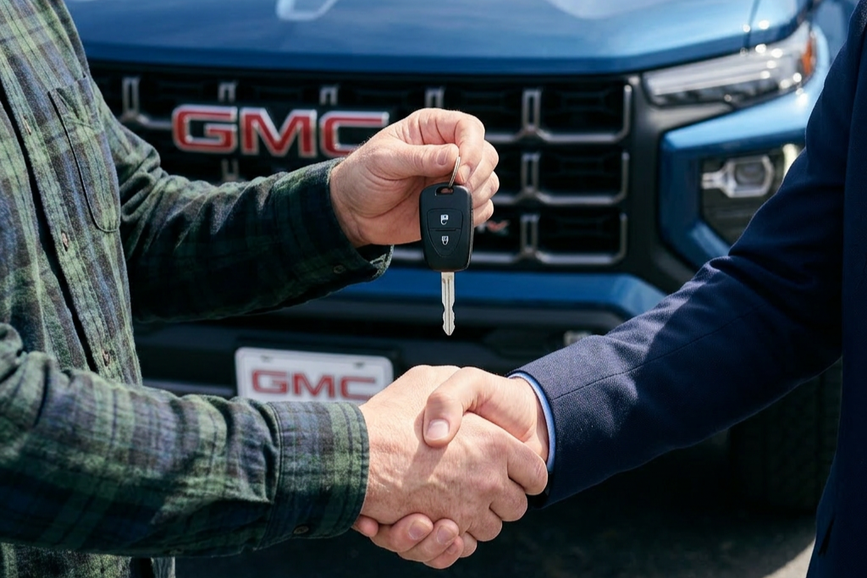Transwest GMC Henderson sales team helping a customer qualify for up to $3,000 conquest savings on a new 2026 GMC Canyon in Henderson CO