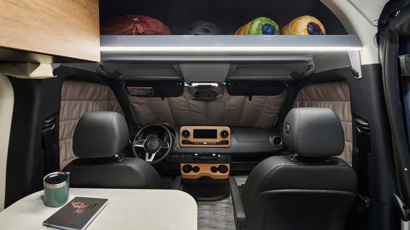 Shades drawn on the cab of the Revel