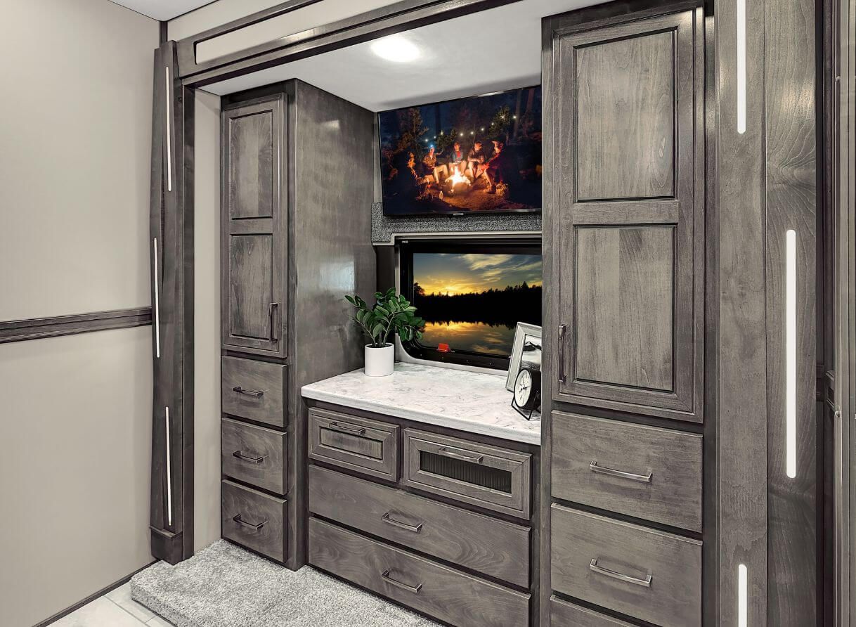 Mounted TV in the bedroom wardrobe of the  2025 Renegade Explorer