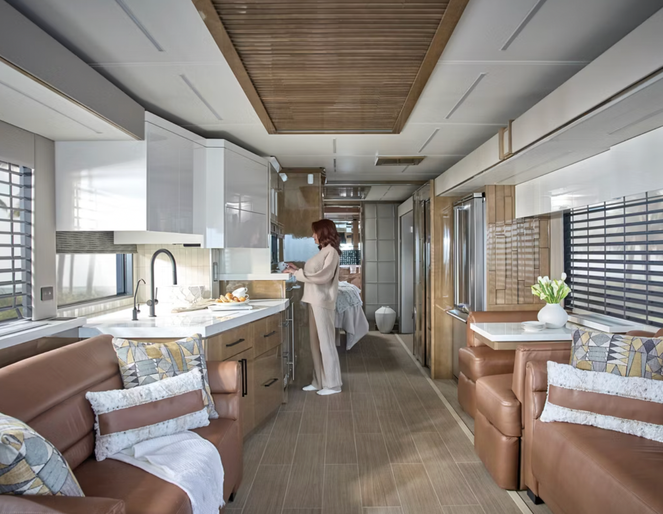 View of the 2026 Newmar King Aire&#039;s living space and kitchen