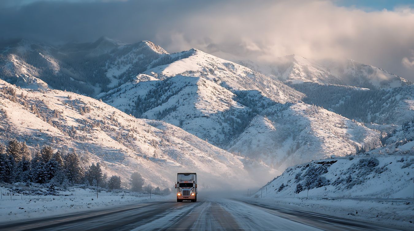 Semi truck on icy mountain road