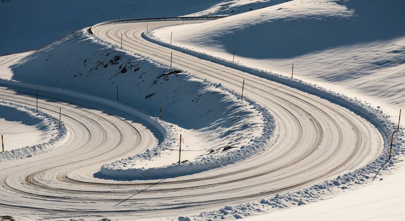 Hairpin turn on an icy mountain road