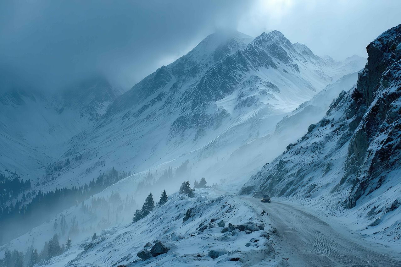 Icy wind swept mountain road