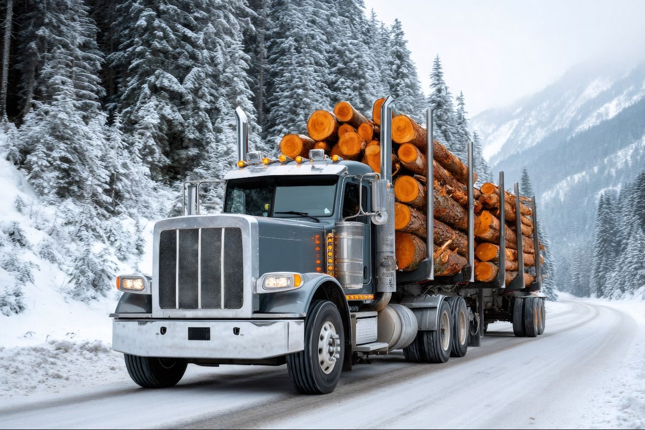 Logging truck on an icy mountain road