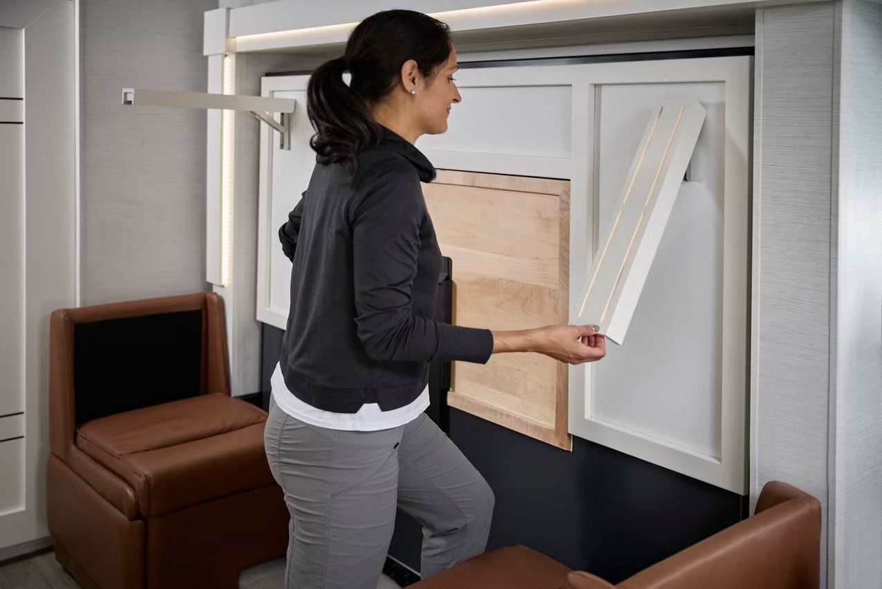 Woman works with modular furniture