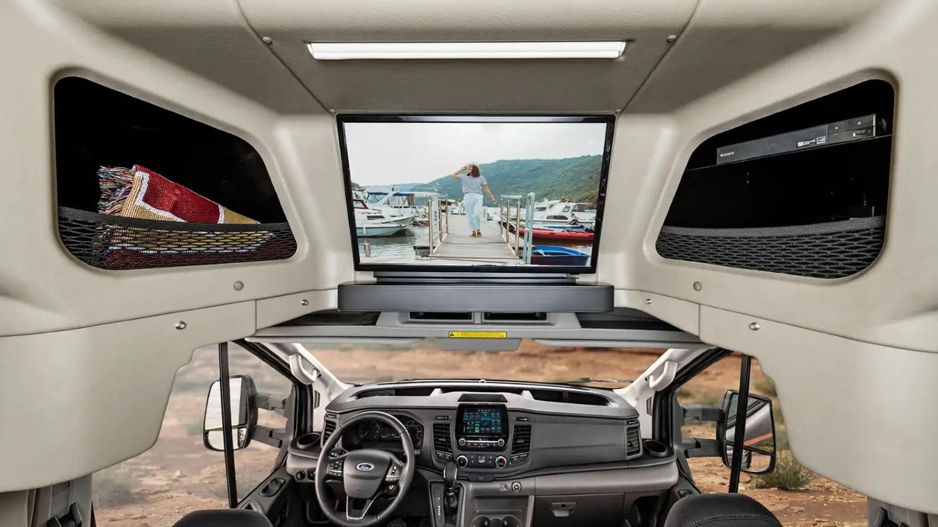Overhead storage and TV inside the EKKO