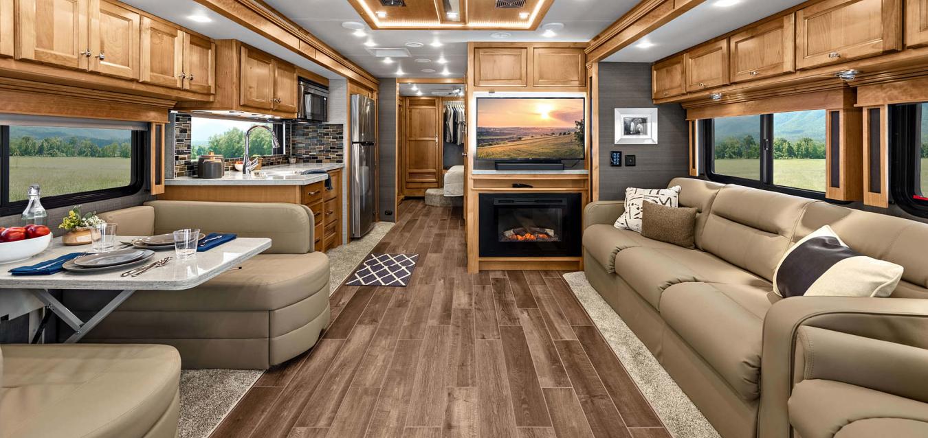 An interior shot of the living space inside of a Tififn RV