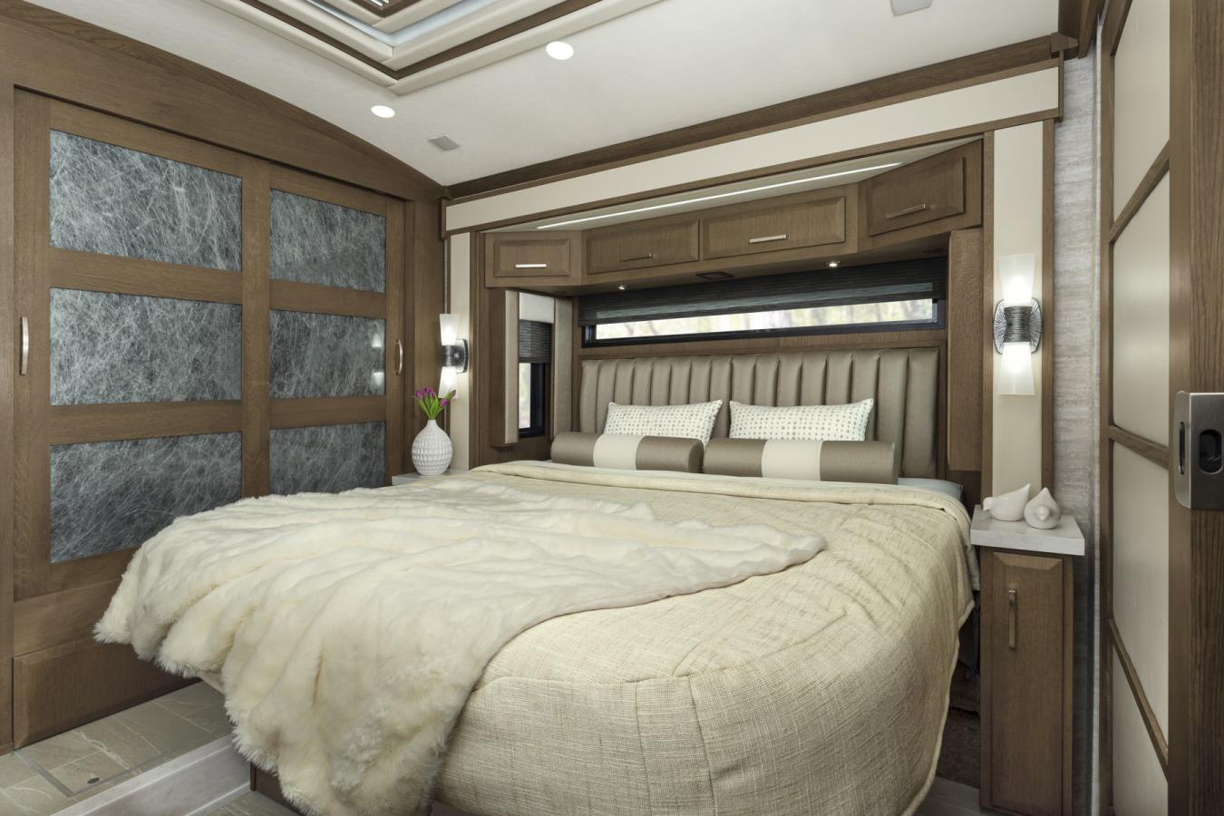 Bedroom inside of a Newmar RV