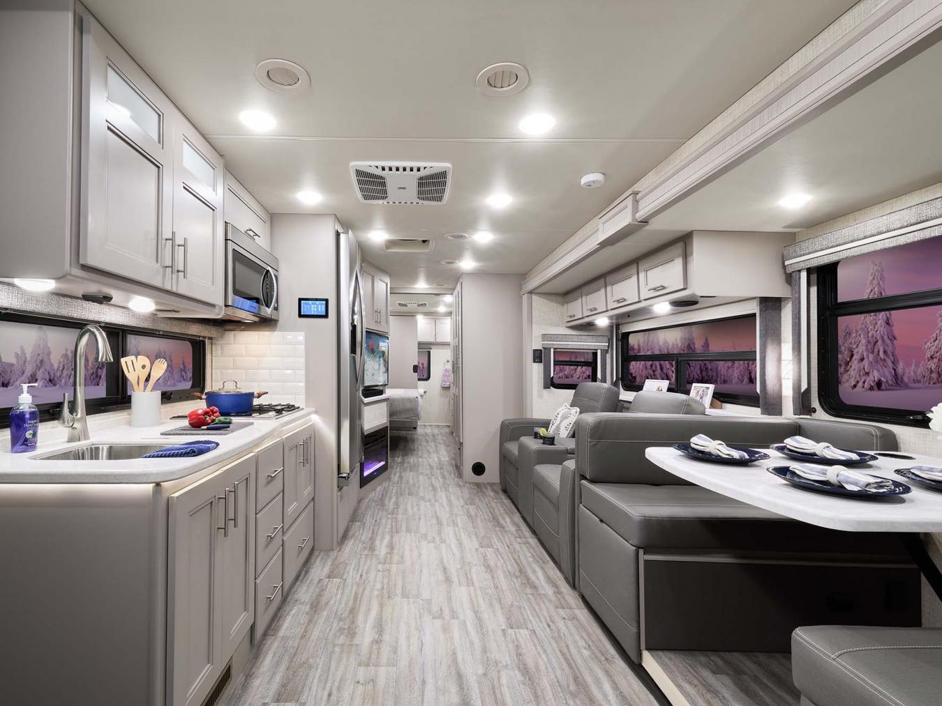 Kitchenette and living space inside a Thor RV