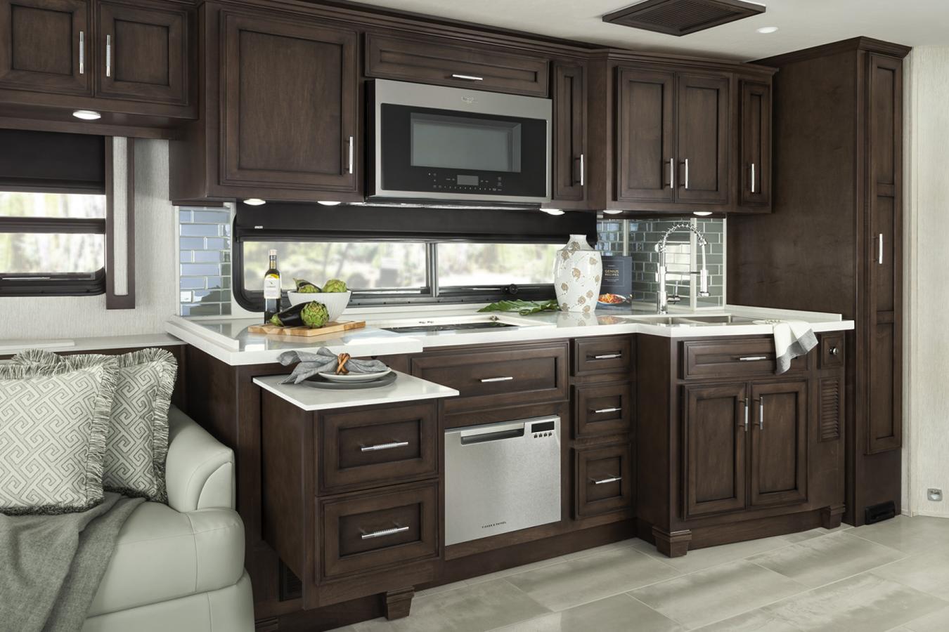Interior kitchen cabinets of a Newmar RV