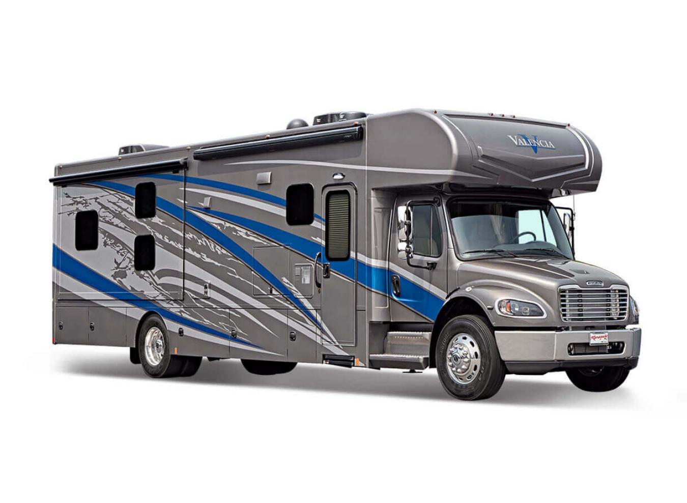 Exterior view of a Renegade Valencia RV on a white background