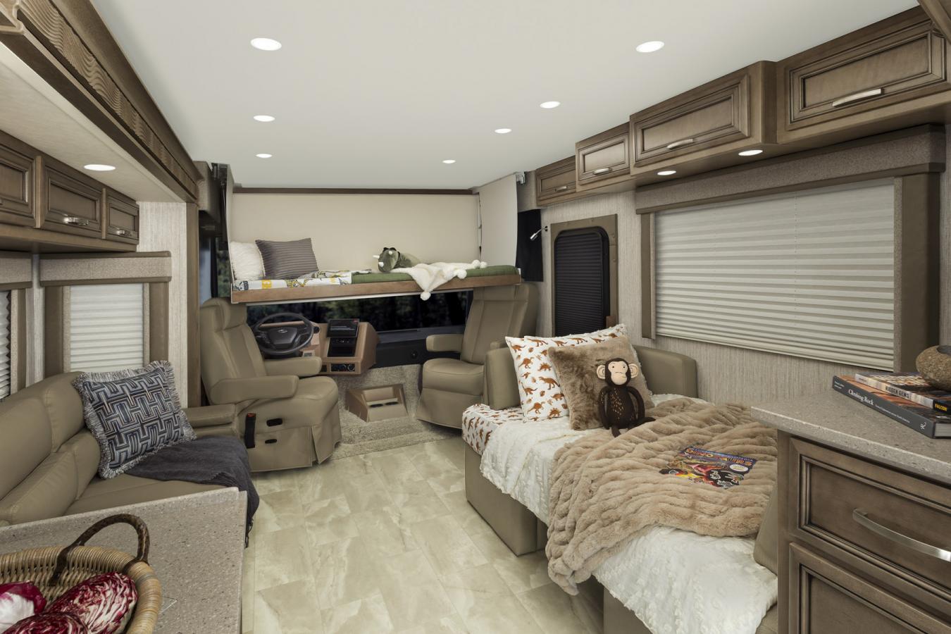 Interior shot of the front-facing area of a Newmar RV