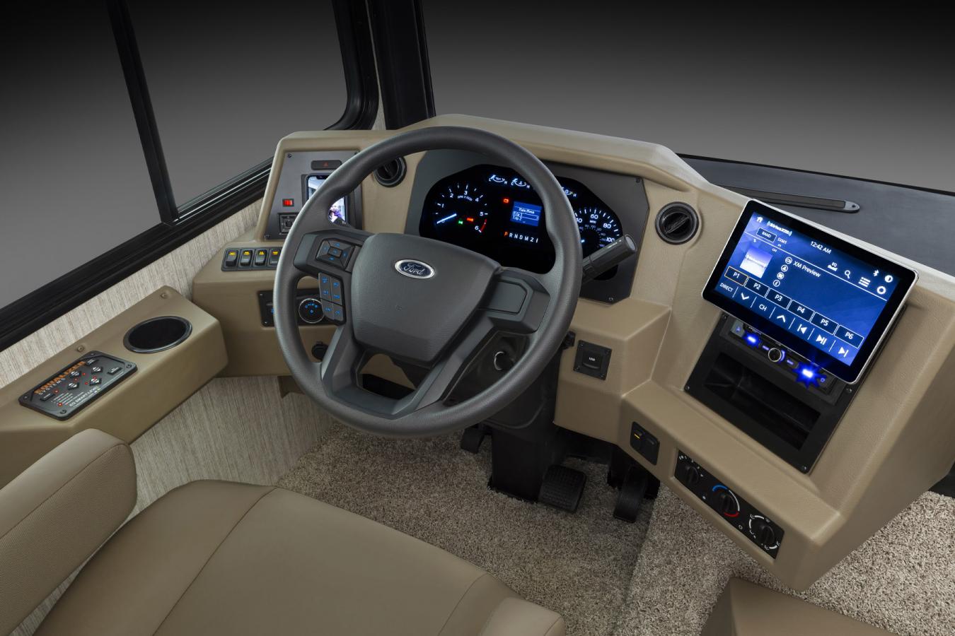 Driver&#039;s seat and dashboard of a Newmar RV