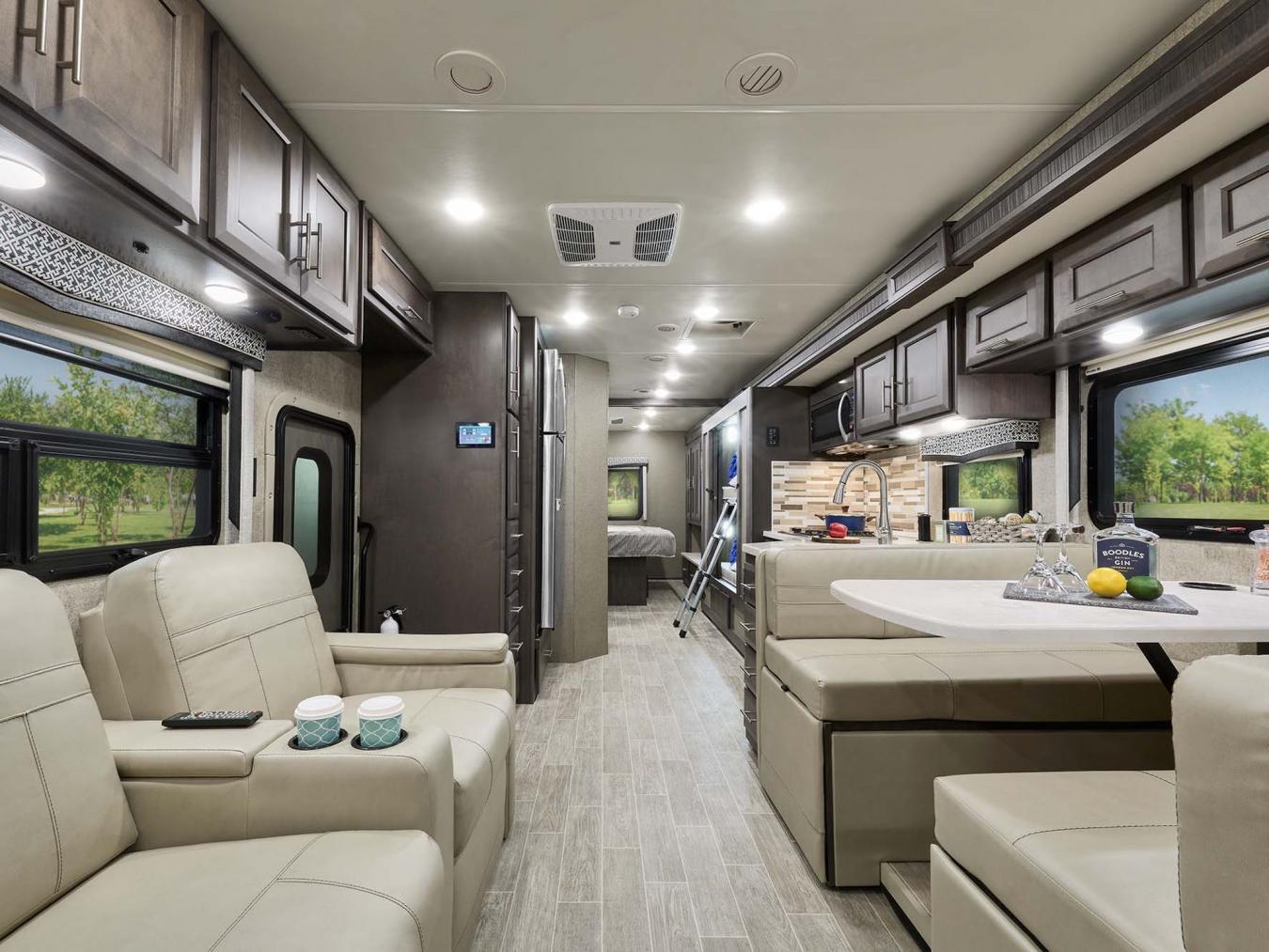 Spacious view of the interior of a new Thor Class A RV