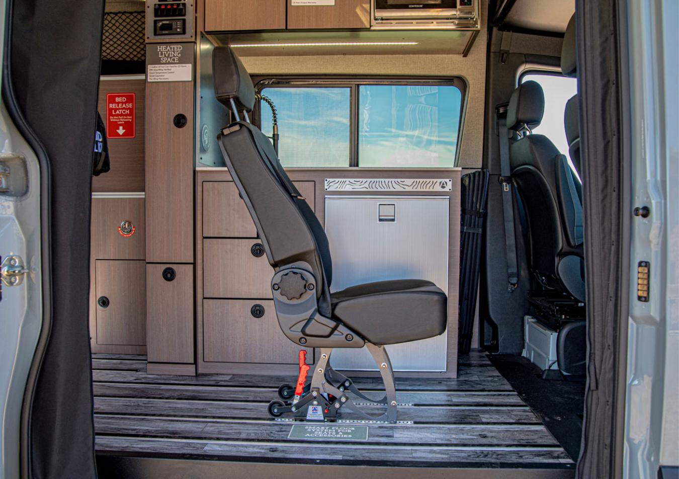 An interior shot of a passenger seat of an Antero Adventure Van