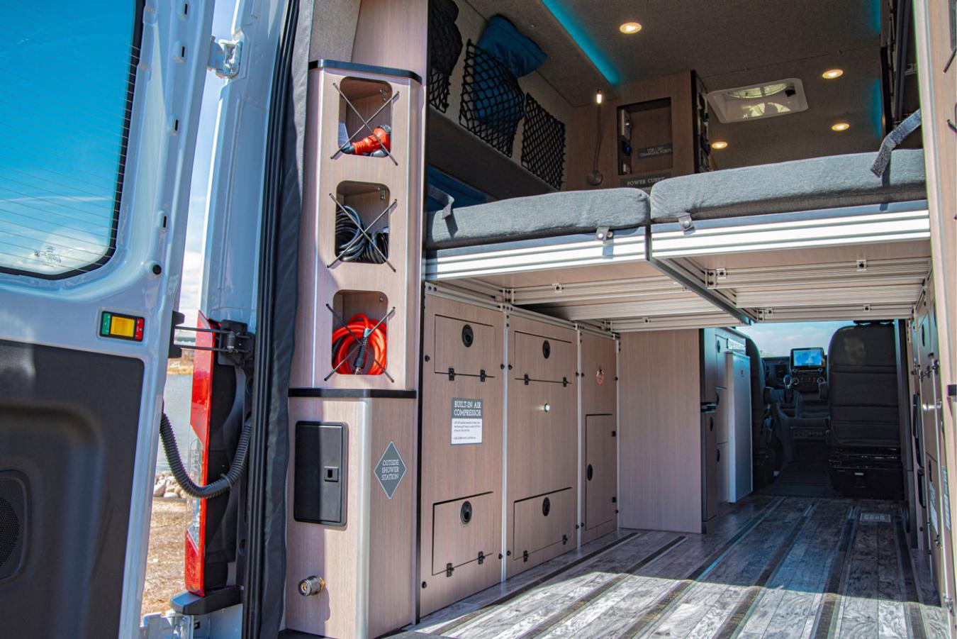 Interior shot of an Antero Adventure Van that features storage and bed area