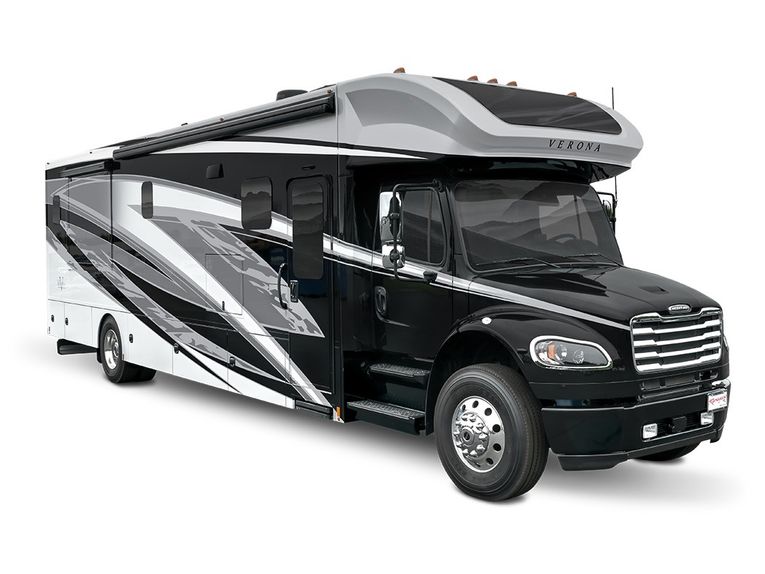 Exterior: 2026 Renegade Verona motorhome with bold black, white, and silver full-body paint on a Freightliner chassis.