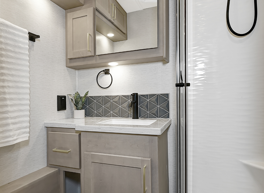 Compact 2026 Renegade Valencia bathroom featuring a vanity with sink, upper and lower storage cabinets, decorative backsplash, mirror, towel rack, and a shower with a glass door.