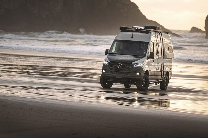 A Tiffin GH1 off roads on the beach