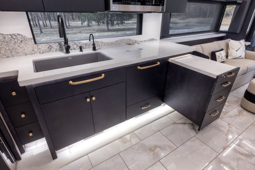 Interior image of the 2025 Tiffin Zephyr kitchen and sink