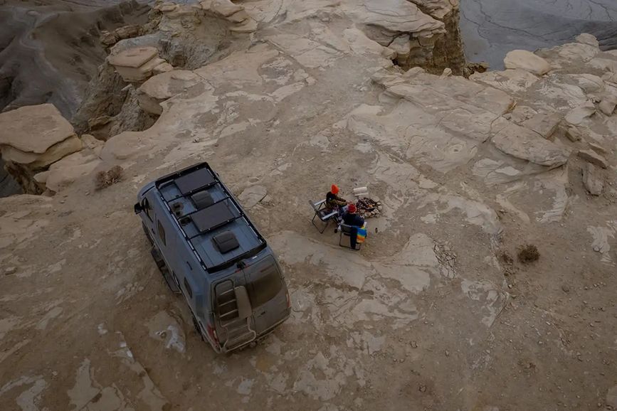 Revel parked in a desert area