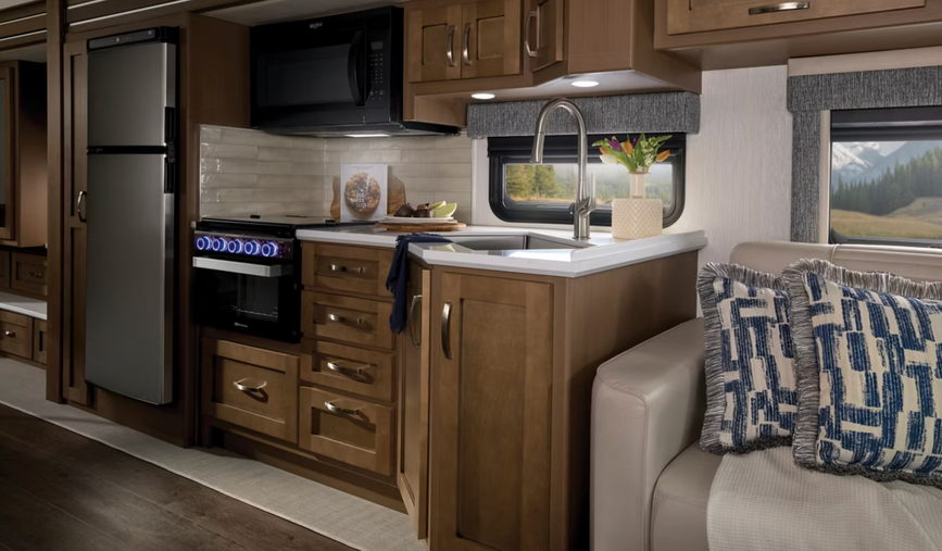 Kitchen and seating inside the Bay Star Sport