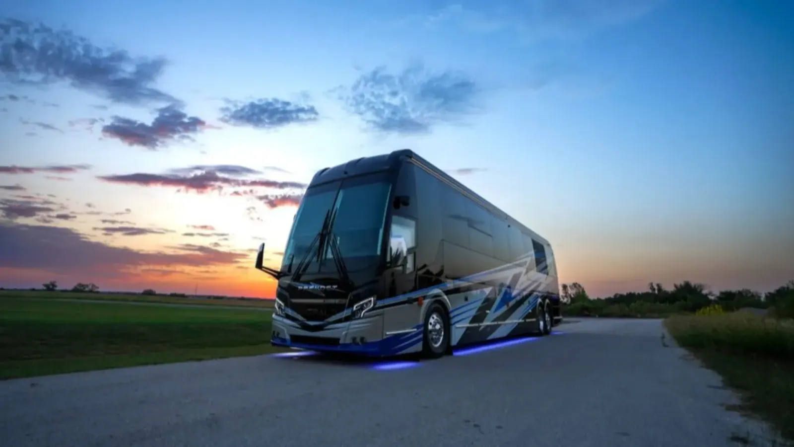 An exterior shot of an Emerald Luxury Coach RV