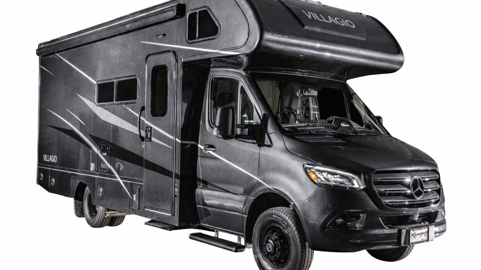 2027 Renegade Villagio Class C motorhome on a Mercedes-Benz Sprinter chassis, shown in a front three-quarter view with a dark gray exterior and white graphics on a clean white background