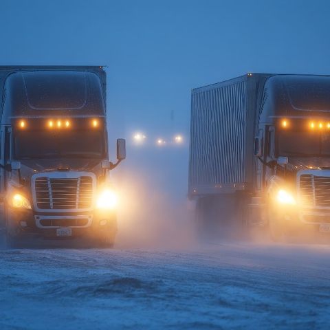Two semi trucks on a snow covered road