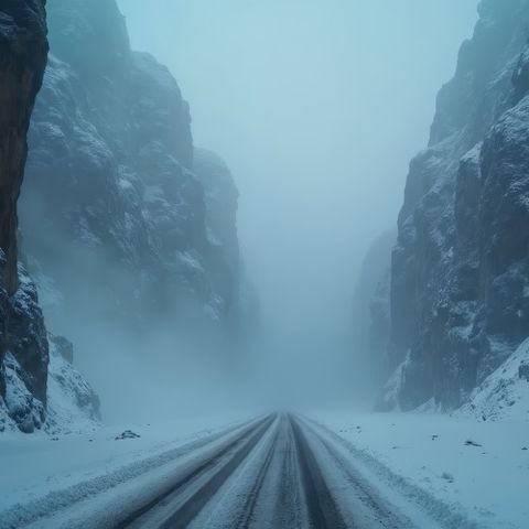 Icy road through mountain pass