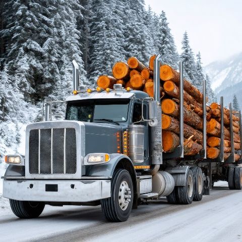 Logging truck on an icy mountain road