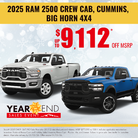 2025 Ram 2500 Cummins Big Horn 4x4 showing $9,112 total savings off MSRP during year-end sales event