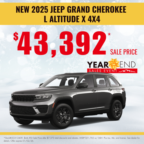 Promotional image for a new 2025 Jeep Grand Cherokee L Altitude X 4x4 in white, featuring a $44,392 sale price during a Year End Sales Event.