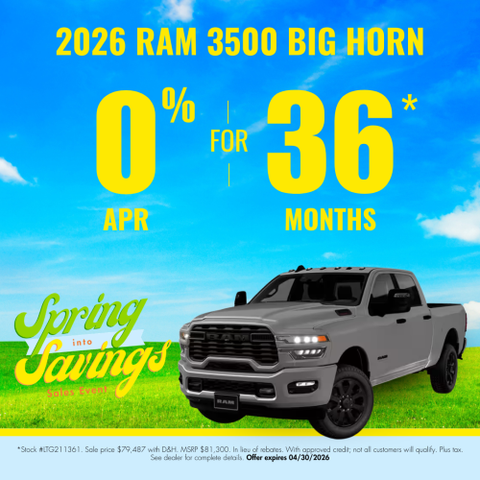 Promotional graphic advertising 0% APR for 36 months on the 2026 Ram 3500 Big Horn at Transwest Chrysler Dodge Jeep and Ram for their Spring Into Savings Sales Event.