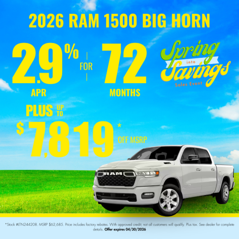 Promotional graphic advertising 2.9% APR for 72 months plus up to $7,819 off MSRP on the 2026 Ram 1500 Big Horn at Transwest Chrysler Dodge Jeep and Ram for their Spring Into Savings Sales Event.